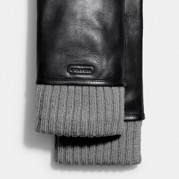 COACH -!BRAND NEW W`TAGS BLACK LEATHER KNIT CUFF GLOVES. - Picture 2 of 5